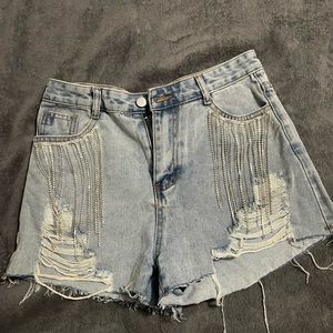 Rhinestone fringe denim shorts